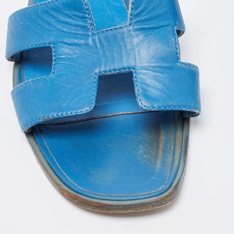 Pre Owned Hermes Blue Leather Oran Flat Slides Size 38