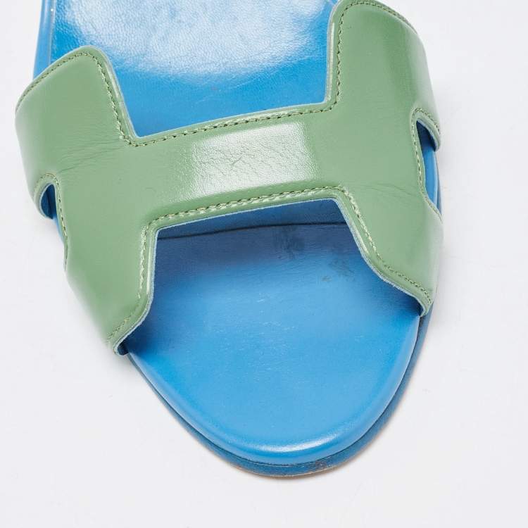 Pre Owned Hermes Blue/Green Leather Night Slingback Sandals Size 40