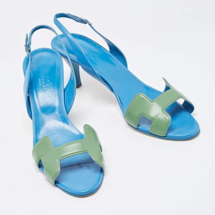 Pre Owned Hermes Blue/Green Leather Night Slingback Sandals Size 40