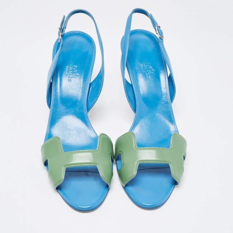 Pre Owned Hermes Blue/Green Leather Night Slingback Sandals Size 40