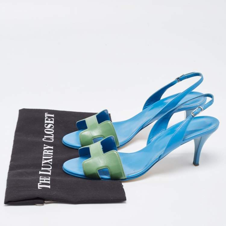 Pre Owned Hermes Blue/Green Leather Night Slingback Sandals Size 40