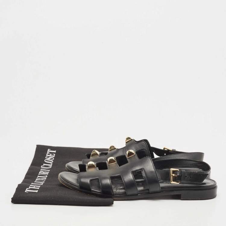 Pre Owned Hermes Black Leather Studded Slingback Sandals Size 37.5
