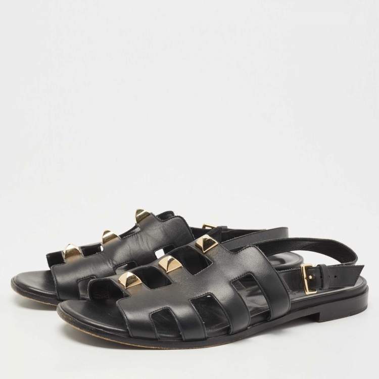 Pre Owned Hermes Black Leather Studded Slingback Sandals Size 37.5