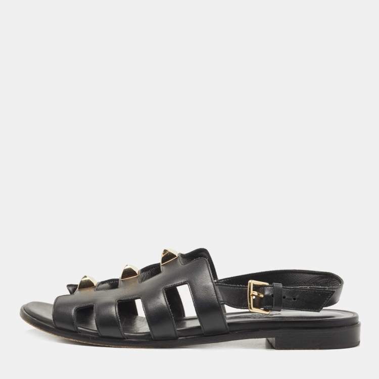 Pre Owned Hermes Black Leather Studded Slingback Sandals Size 37.5