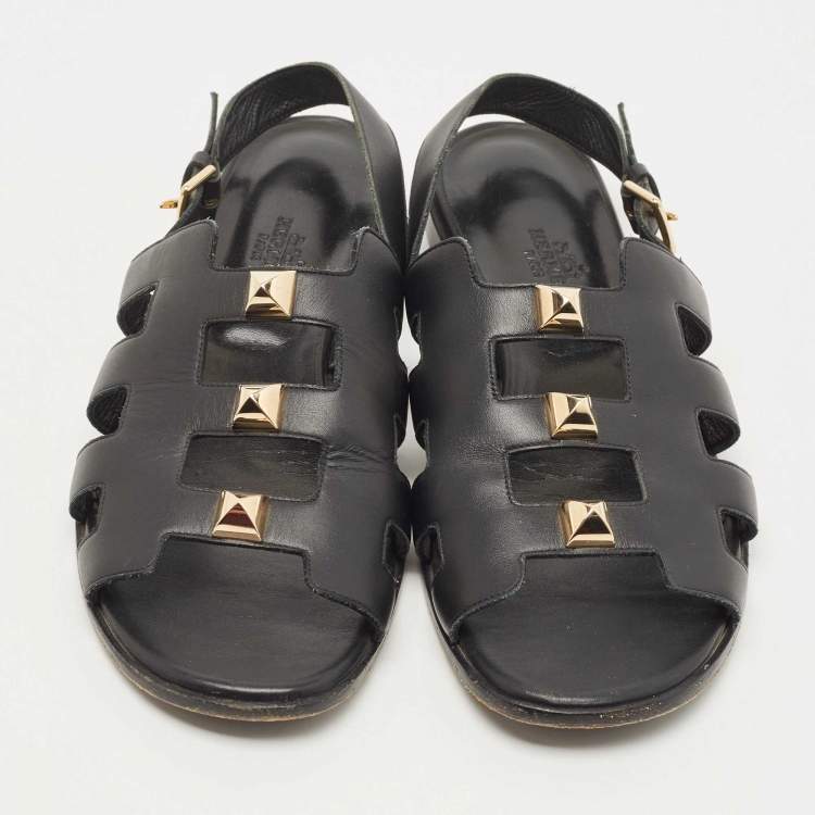 Pre Owned Hermes Black Leather Studded Slingback Sandals Size 37.5
