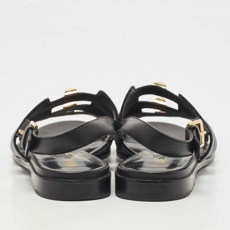 Pre Owned Hermes Black Leather Studded Slingback Sandals Size 37.5
