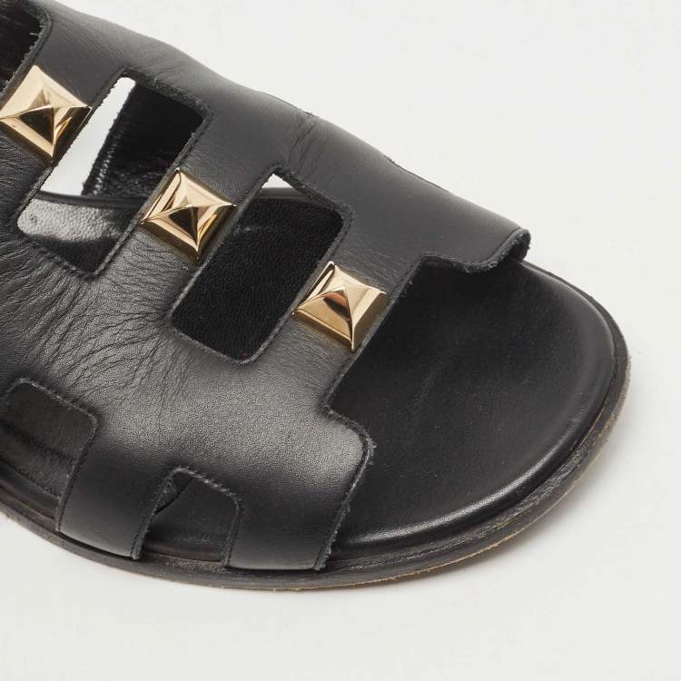 Pre Owned Hermes Black Leather Studded Slingback Sandals Size 37.5