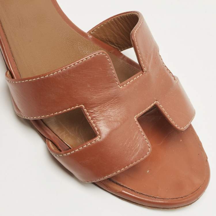 Pre Owned Hermes Brown Leather Oasis Slide Sandals Size 37