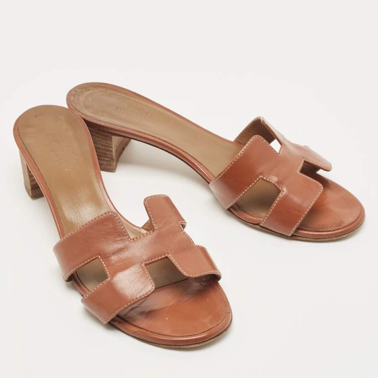Pre Owned Hermes Brown Leather Oasis Slide Sandals Size 37