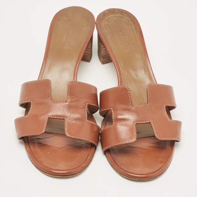 Pre Owned Hermes Brown Leather Oasis Slide Sandals Size 37