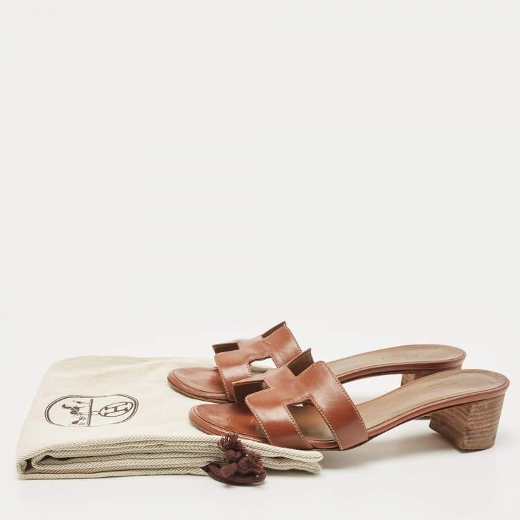 Pre Owned Hermes Brown Leather Oasis Slide Sandals Size 37