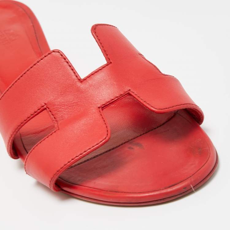 Pre Owned Hermes Red Leather Oasis Slide Sandals Size 38