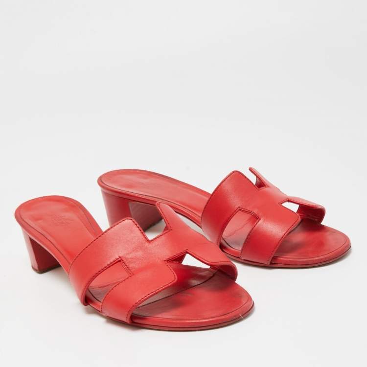 Pre Owned Hermes Red Leather Oasis Slide Sandals Size 38