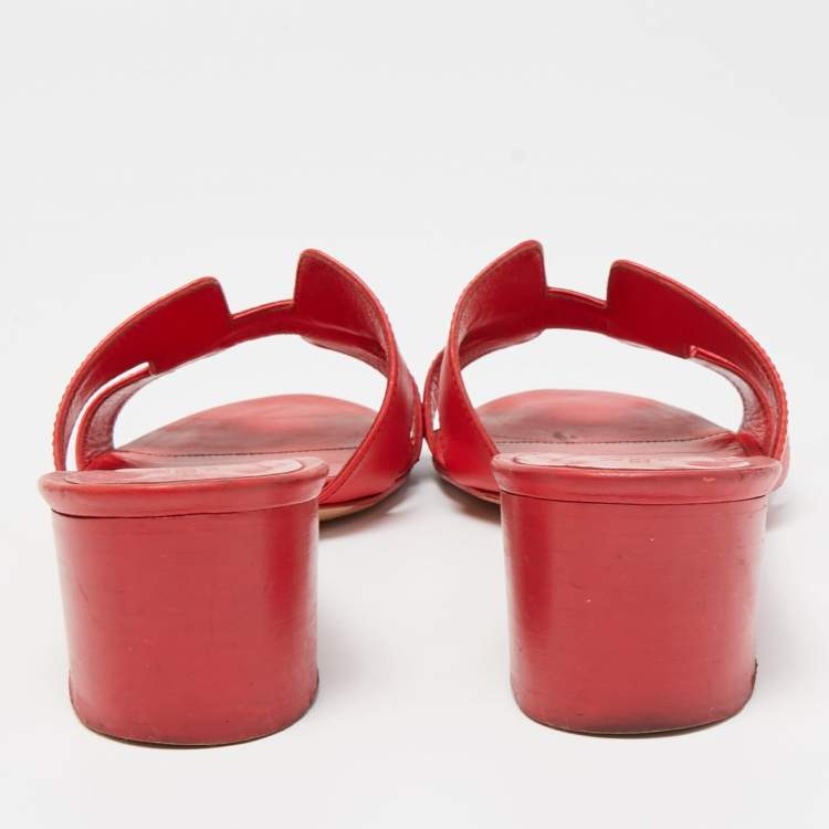Pre Owned Hermes Red Leather Oasis Slide Sandals Size 38