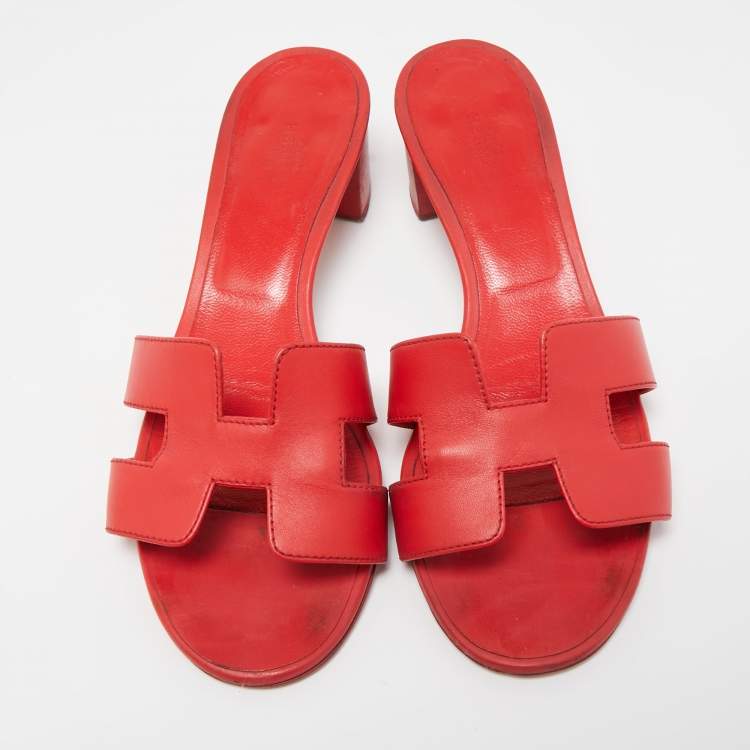 Pre Owned Hermes Red Leather Oasis Slide Sandals Size 38