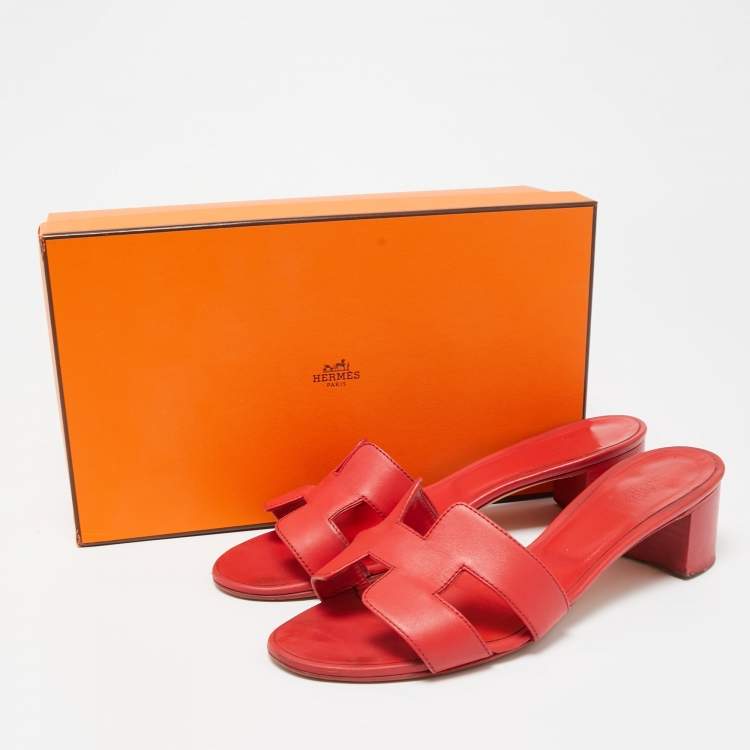 Pre Owned Hermes Red Leather Oasis Slide Sandals Size 38