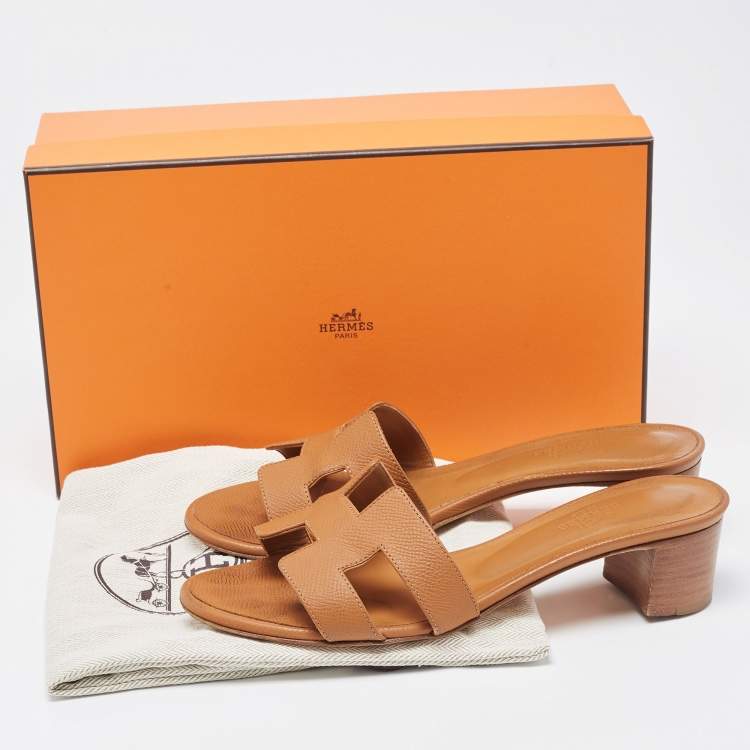Pre Owned Hermes Brown Leather Oasis Slide Sandals Size 36.5