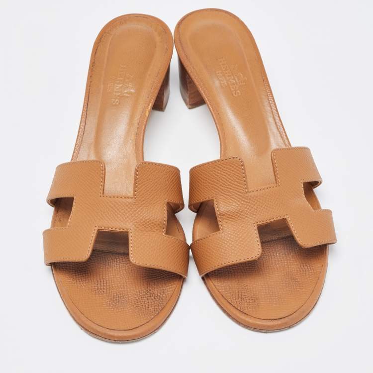 Pre Owned Hermes Brown Leather Oasis Slide Sandals Size 36.5