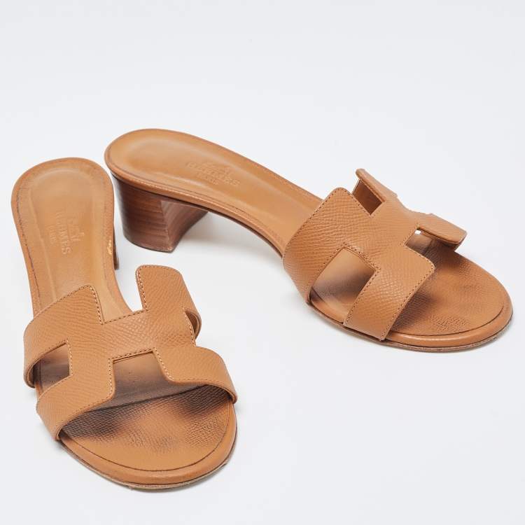 Pre Owned Hermes Brown Leather Oasis Slide Sandals Size 36.5