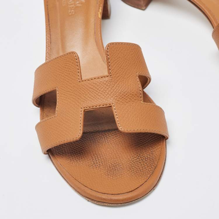 Pre Owned Hermes Brown Leather Oasis Slide Sandals Size 36.5