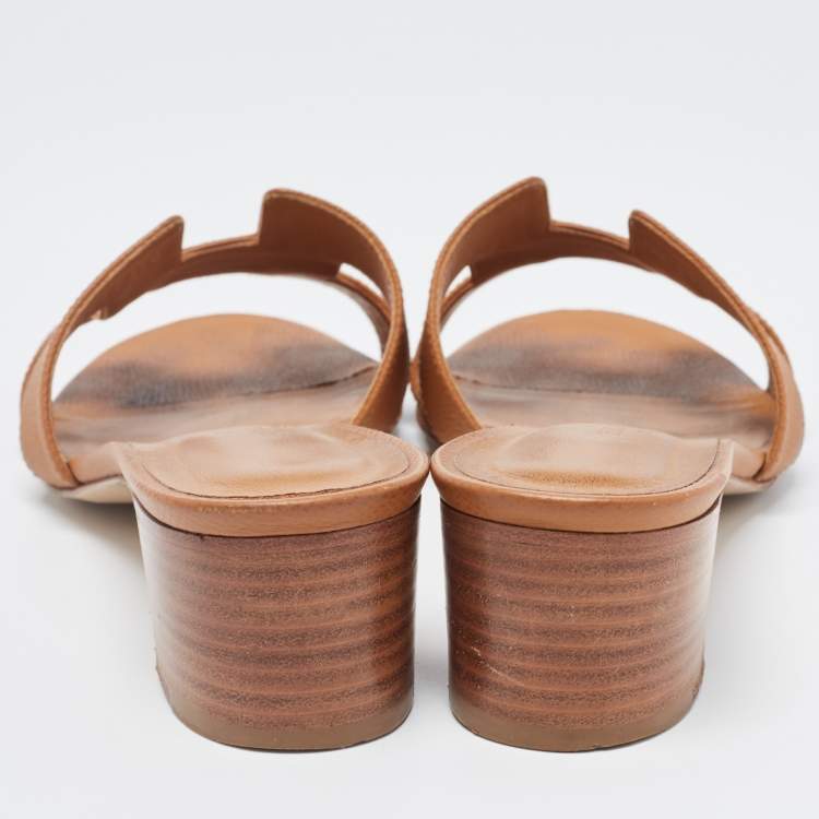 Pre Owned Hermes Brown Leather Oasis Slide Sandals Size 36.5