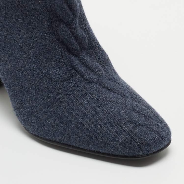 Pre Owned Hermes Blue Knit Fabric Volver Ankle Boots Size 36.5