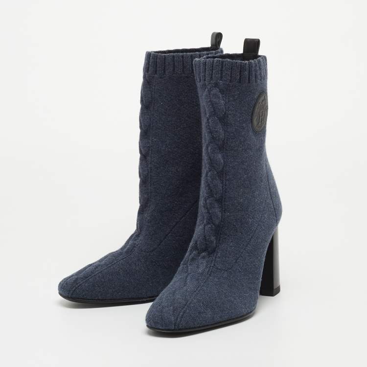 Pre Owned Hermes Blue Knit Fabric Volver Ankle Boots Size 36.5