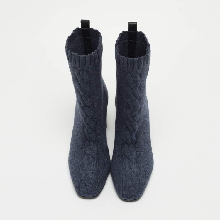 Pre Owned Hermes Blue Knit Fabric Volver Ankle Boots Size 36.5