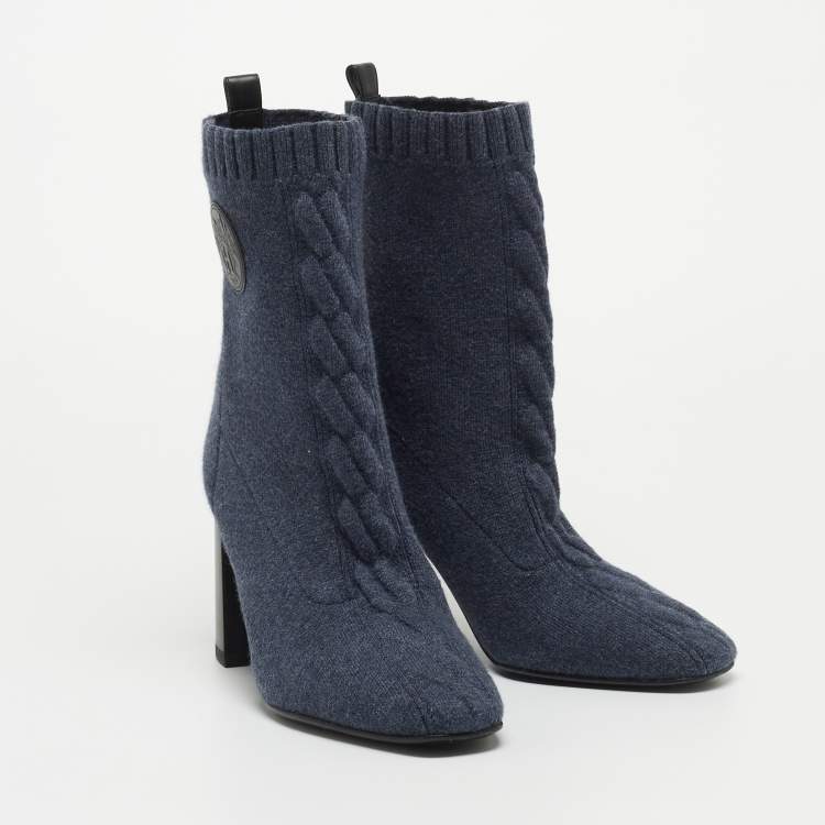 Pre Owned Hermes Blue Knit Fabric Volver Ankle Boots Size 36.5