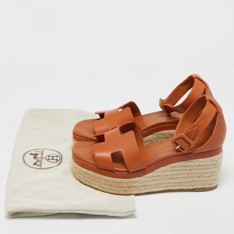Pre Owned Hermes Brown Leather Ilana Wedge Espadrille Sandals Size 38