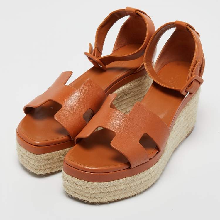 Pre Owned Hermes Brown Leather Ilana Wedge Espadrille Sandals Size 38