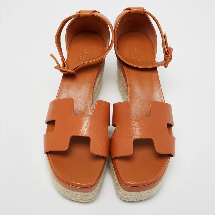 Pre Owned Hermes Brown Leather Ilana Wedge Espadrille Sandals Size 38