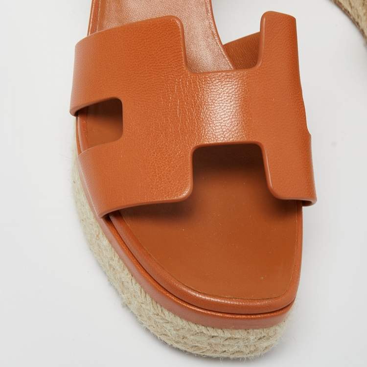 Pre Owned Hermes Brown Leather Ilana Wedge Espadrille Sandals Size 38