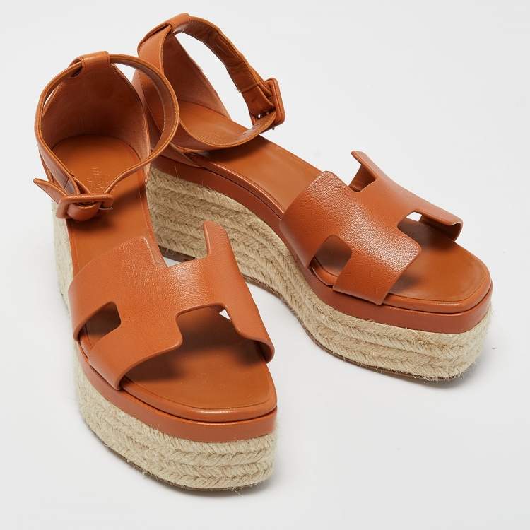 Pre Owned Hermes Brown Leather Ilana Wedge Espadrille Sandals Size 38