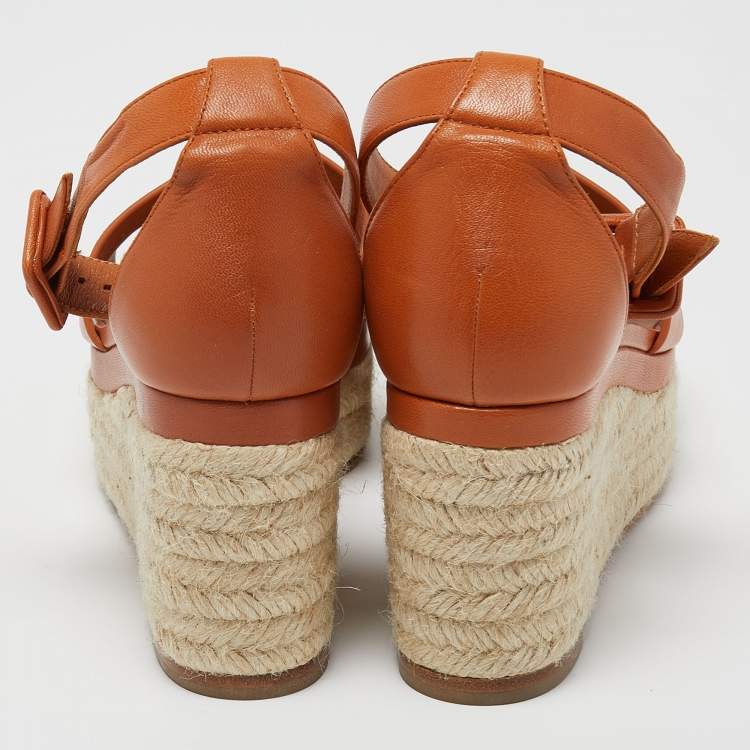 Pre Owned Hermes Brown Leather Ilana Wedge Espadrille Sandals Size 38