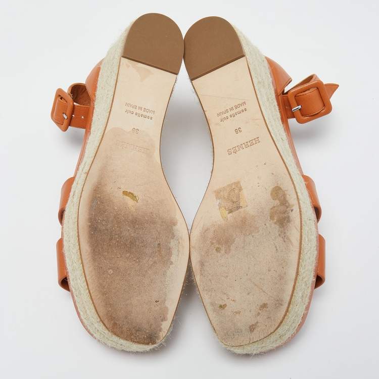 Pre Owned Hermes Brown Leather Ilana Wedge Espadrille Sandals Size 38