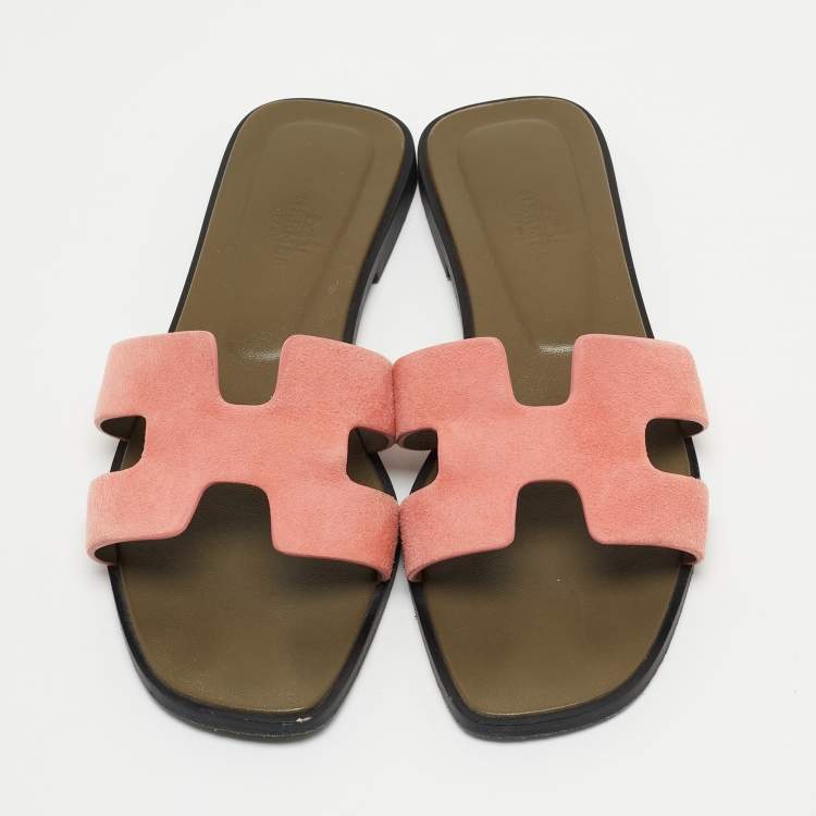 Pre Owned Hermes Pink Suede Oran Flat Slides Size 36.5 