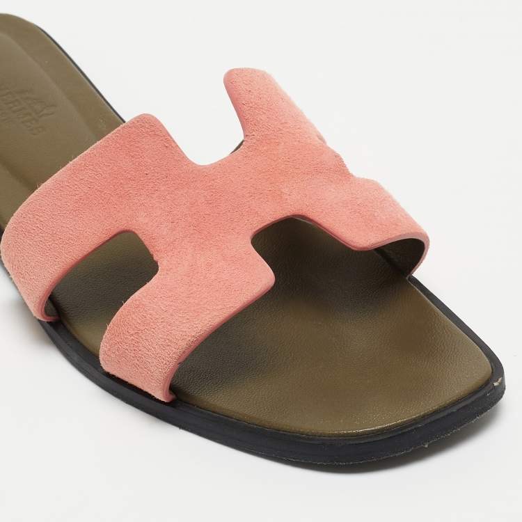 Pre Owned Hermes Pink Suede Oran Flat Slides Size 36.5 