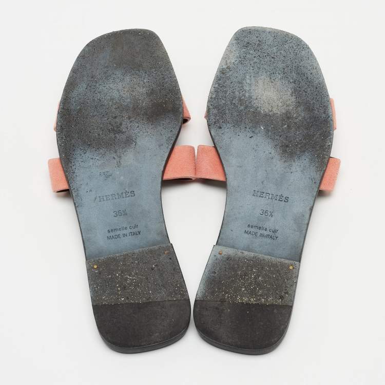 Pre Owned Hermes Pink Suede Oran Flat Slides Size 36.5 