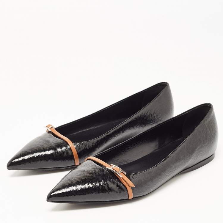 Pre Owned Hermes Black Leather Buckle Detail Pointed Toe Ballet Flats Size 40
