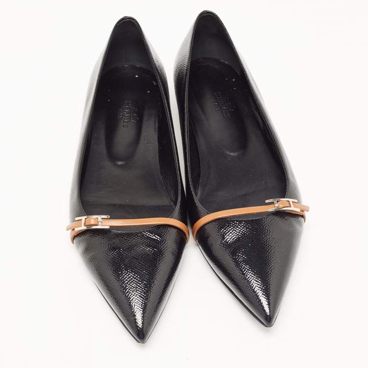 Pre Owned Hermes Black Leather Buckle Detail Pointed Toe Ballet Flats Size 40