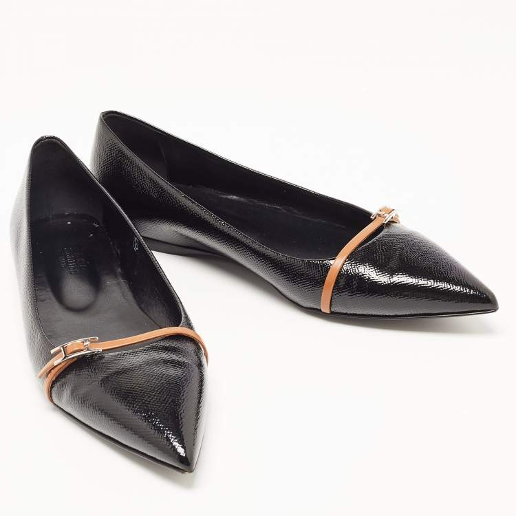 Pre Owned Hermes Black Leather Buckle Detail Pointed Toe Ballet Flats Size 40