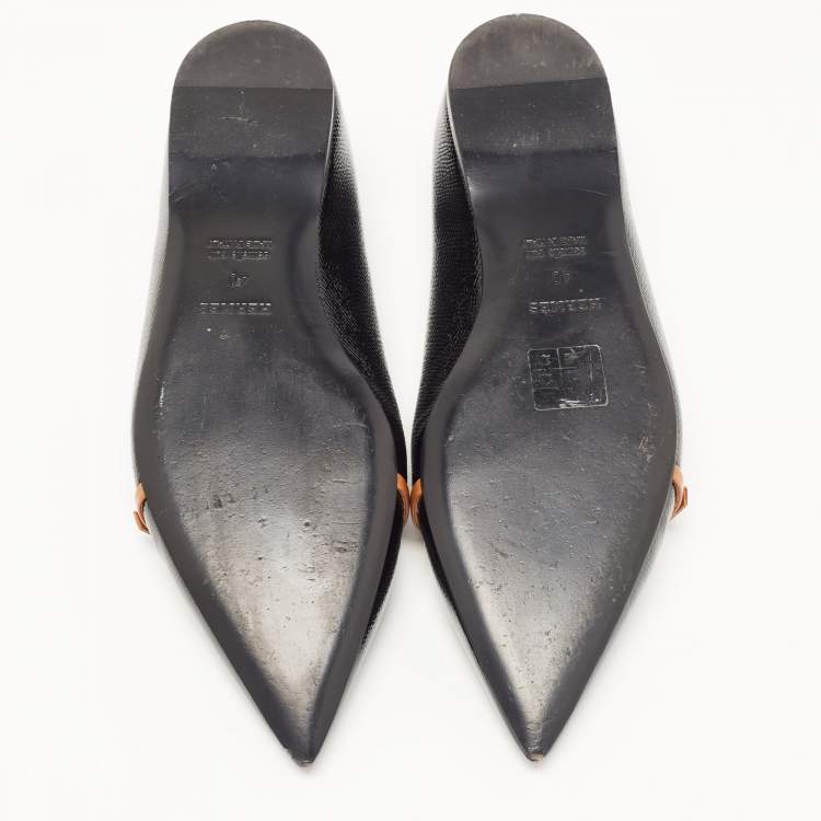 Pre Owned Hermes Black Leather Buckle Detail Pointed Toe Ballet Flats Size 40