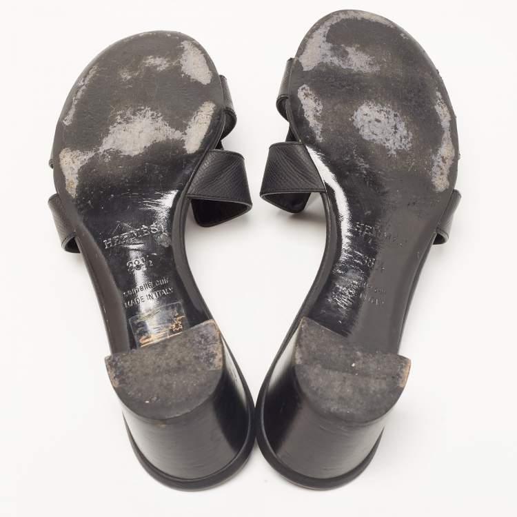Pre Owned Hermes Black Leather Oasis Block Heel Slide Sandals Size 38.5