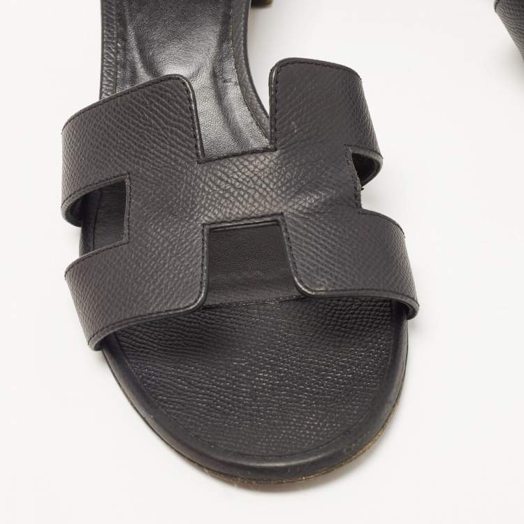 Pre Owned Hermes Black Leather Oasis Block Heel Slide Sandals Size 38.5