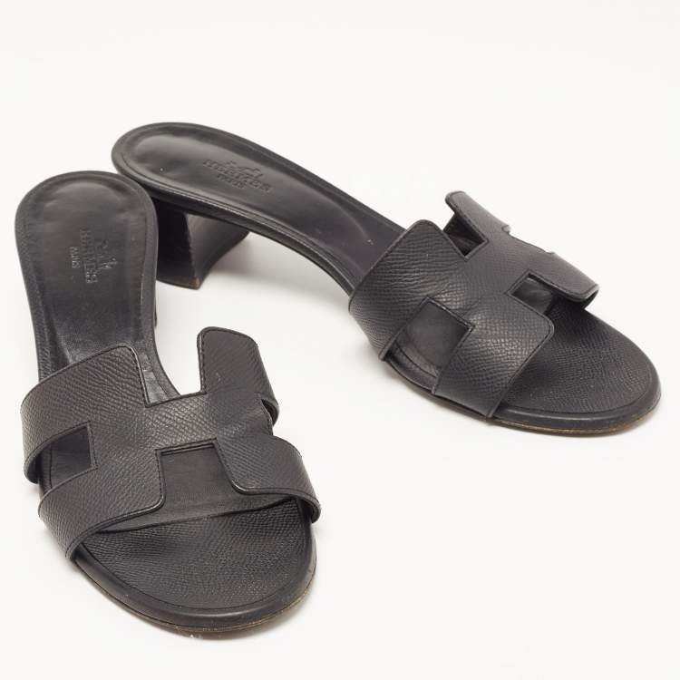 Pre Owned Hermes Black Leather Oasis Block Heel Slide Sandals Size 38.5