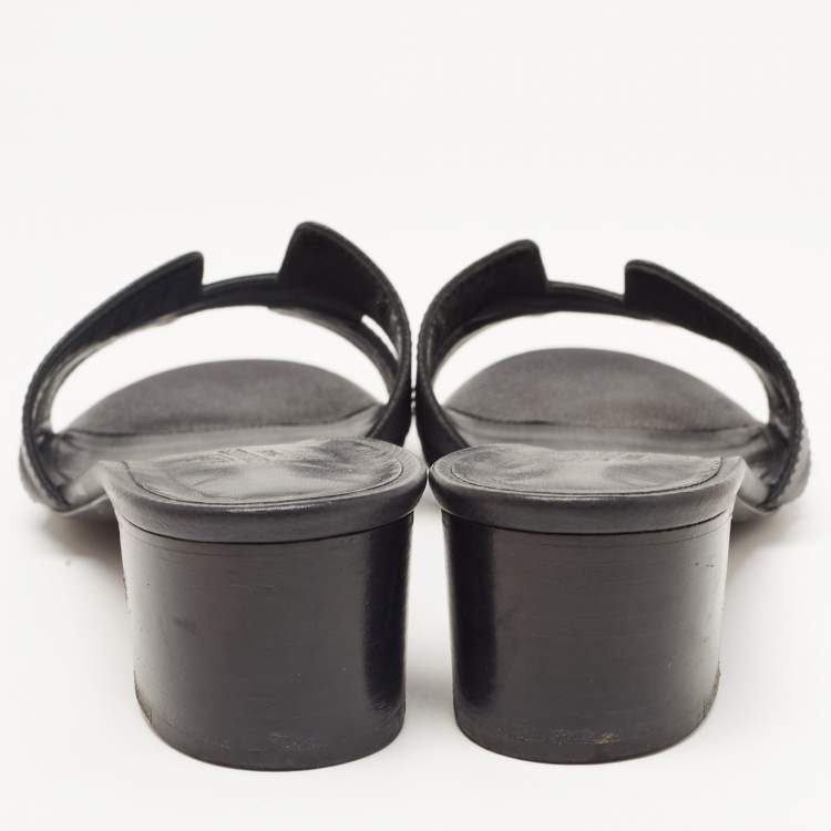 Pre Owned Hermes Black Leather Oasis Block Heel Slide Sandals Size 38.5