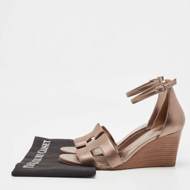 Pre Owned Hermes Metallic Leather Legend Wedge Sandals Size 39.5