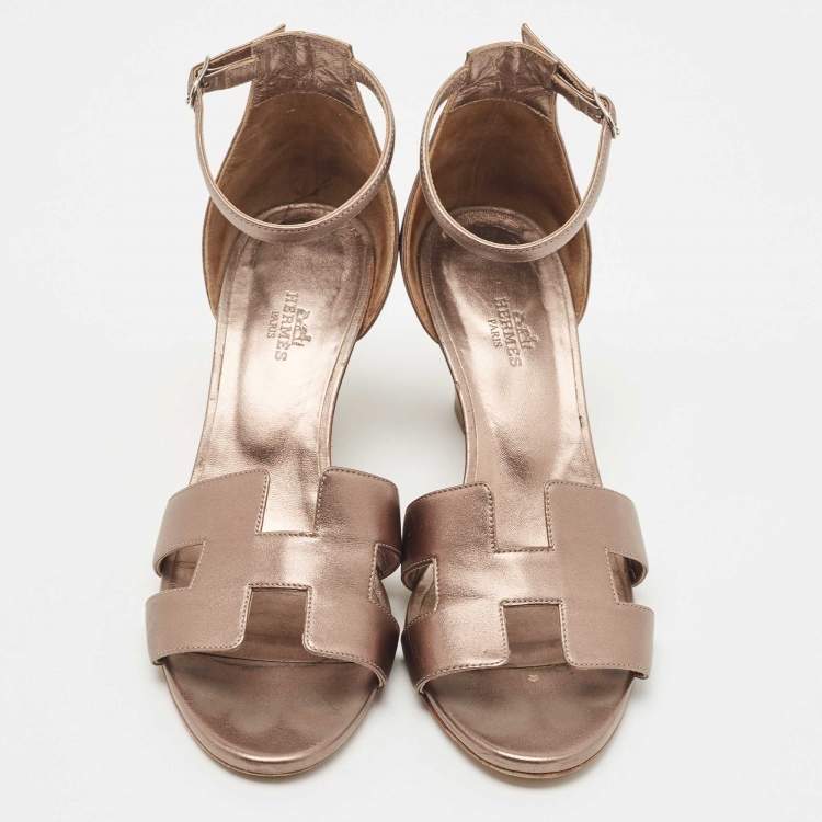 Pre Owned Hermes Metallic Leather Legend Wedge Sandals Size 39.5