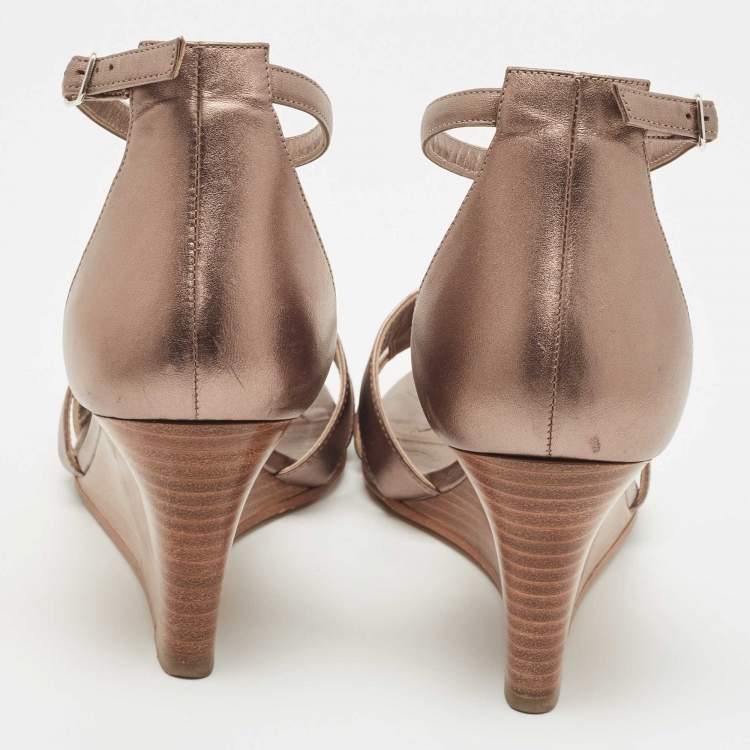 Pre Owned Hermes Metallic Leather Legend Wedge Sandals Size 39.5